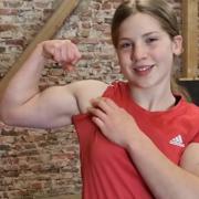 13 years old Fitness girl Sulamith Flexing biceps